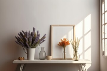 Near a light wall, a table with a vase of flowers and an empty frame. Generative AI