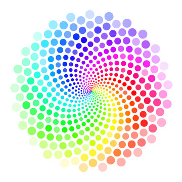 Rainbow dots color wheel. Radial pattern of colorful circles with spiral twirl effect.