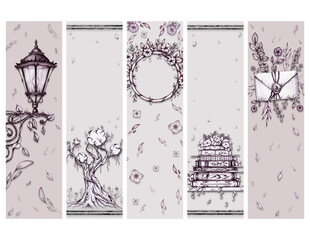 Set of 5 Digital Bookmarks with Inked Images on Letter size with a Transparent Background, Hand-drawn Floral Illustrations, Fantasy Tree, Inked, Lantern, Old Books, Old Letter,  Frame, 2x7 inches