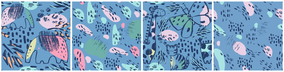 Summer tropical animals seamless pattern. Hand drawn abstract organic shape print. Beach vacation - 624352857