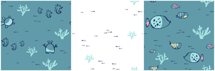 Summer sea seamless pattern. Hand drawn tropical ocean print . Beach vacation background textile design