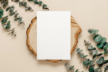 Blank paper mockup card on wooden stand with eucalyptus leaves on beige background, top view. Aesthetic card for wedding, greeting, invitation and branding, logo and design, bohemian style
