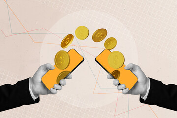 Creative composite sketch photo collage of businesspeople hold smartphones make online wireless...