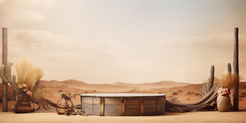 Wooden scene podium, desert view, wild west concept. Generative AI