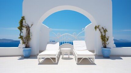 Obraz na płótnie Canvas Two sunbeds on the white terrace with an arch under blue clear sky generative ai