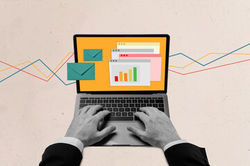 Creative composite abstract photo collage of hands typing messages on laptop analyzing financial market isolated on beige color background