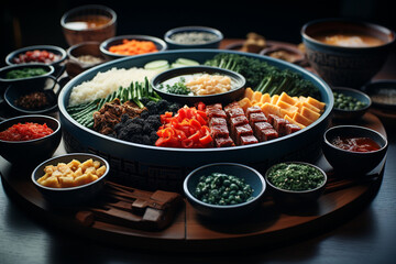 Obraz premium Chuseok hangavi Korean traditional holiday , a time when families come together to thank their ancestors for a bountiful fall harvest, Chuseok Songpyeon Tteok, Korean Thanksgiving.