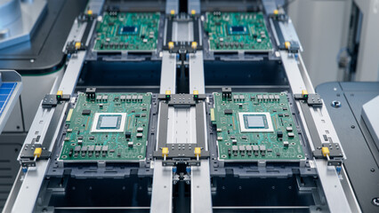Advanced Circuit Boards on Assembly Line. Electronics Manufacturing Facility or Factory. Electronic...
