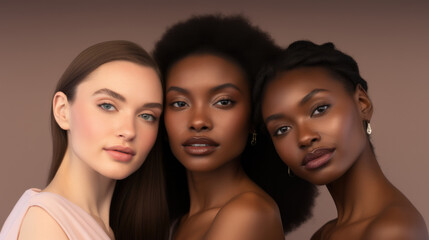 Beauty. Multi Ethnic Group of Womans with diffrent types of skin together against beige background. 