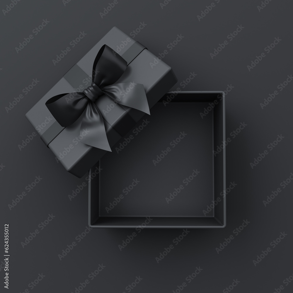 Poster Blank open black present box or top view of black gift box with black ribbons and bow isolated on dark background with shadow minimal black friday conceptual 3D rendering