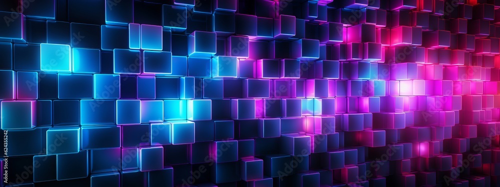 Poster abstract geometric pink blue neon light 3d texture wall with squares and square cubes background ban