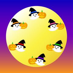 An illustration of a bat flying in the twilight sky with a full moon and a ghost flying from the cemetery to the mansion. Happy Halloween concept.