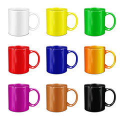 Blank mug realistic vector mockup. Ceramic cup mock-up. Color set. Template for design. Easy to recolor