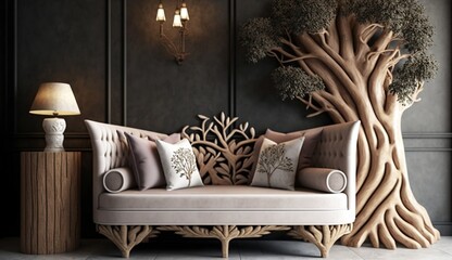 Luxury rustic handmade loveseat sofa in the room with abstract wooden tree decorative column generative ai