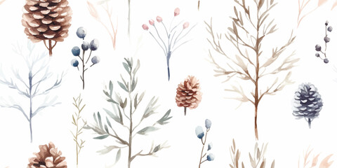 Christmas floral seamless pattern with delicate abstract branches and cones, watercolor winter illustration on white background for print, wallpapers, textile or wrapping paper
