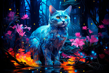 A cat exploring a colorful nature. AI generated.