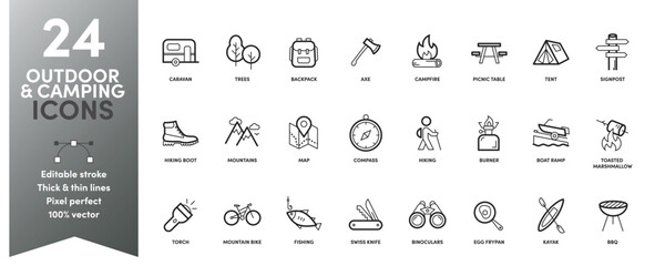 Camping and Outdoors Icon Set, featuring thick and thin stroke weights and editable stroke.