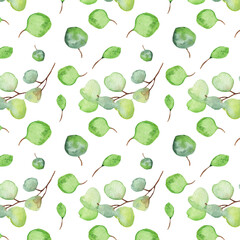 Obraz premium Seamless pattern green leaves trees and branches, foliage of natural branches, green leaves, herbs, tropical plants hand drawn watercolor on white background.