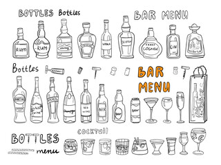 Fototapeta na wymiar Big set of alcoholic bottles and glasses in doodle style. Alcohol cocktail drinks, champagne, beer, martini, wine, rum, tequila, cognac, whiskey and other. Great for bar menu, banner. Vector EPS10