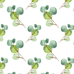Fototapeta na wymiar Seamless pattern green leaves trees and branches, foliage of natural branches, green leaves, herbs, tropical plants hand drawn watercolor on white background.