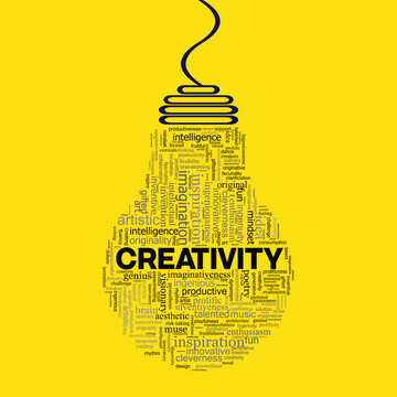 Creativity word cloud in light bulb shape. Vector illustration