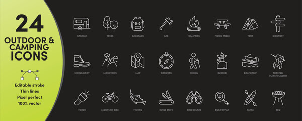 Camping and Outdoors Icon Set, featuring thin line stroke weight and editable stroke.