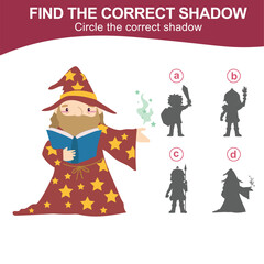 Find the correct shadow of a sorcerer or wizard reading the spell book. Matching shadow game for children with fairytale kingdom theme. Worksheet for kid. Educational printable worksheet in vector fil