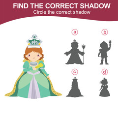 Find the correct shadow of a queen in green dress holding a hand fan. Matching shadow game for children with fairytale kingdom theme. Worksheet for kid. Educational printable worksheet in vector file.