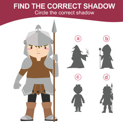 Find the correct shadow of a guard in armour and holding a spear. Matching shadow game for children with fairytale kingdom theme. Worksheet for kid. Educational printable worksheet in vector file.