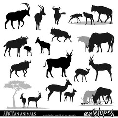 Antelope silhouettes set with wildlife scenes. African savannah animals. Vector illustration.