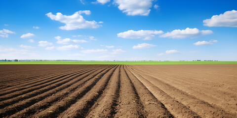 Fototapeta na wymiar Plowed agricultural fields prepared for planting crops . Countryside landscape with cloudy sky, farmlands in spring.