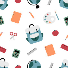Seamless pattern with school supplies. For card, posters, banners, books, printing on the pack, clothes, fabric, wallpaper, textile or dishes.