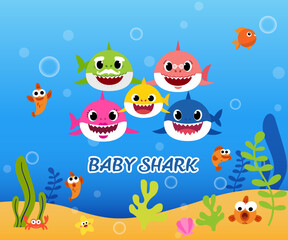 Baby shark birthday greeting card template. Shark cards. Birthday invite, happy child party in ocean style.