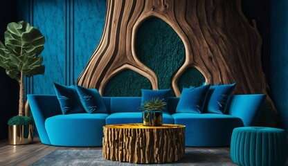 Obraz na płótnie Canvas Vivid blue velvet sofa and stump coffee table modern living room with wooden paneling wall decor generative ai