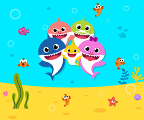 Fototapeta na wymiar Baby shark birthday greeting card template. Shark cards. Birthday invite, happy child party in ocean style.