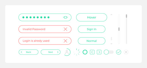 Sign in process UI elements kit. Website account isolated vector components. Flat navigation menus and interface buttons template. Web design widget collection for mobile application with light theme