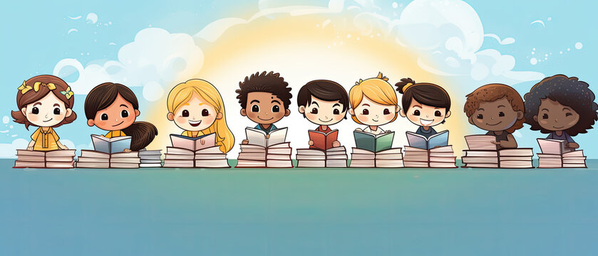 Cute Children Immersed in the Joy of Reading Against Colorful Background
