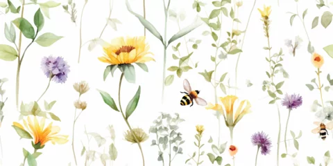 Poster Delicate floral seamless pattern with abstract wildflowers, green branches, flying dragonflies and bumblebee, watercolor garden illustration on white background, print for wallpapers, textile, cover © Eli Berr