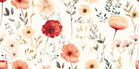 Floral autumn seamless pattern with flowers on stems. Watercolor print on ivory background in vintage style and pastel colors