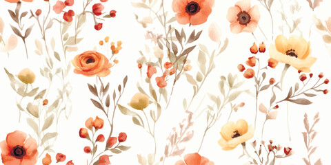 Floral autumn seamless pattern with flowers on stems. Watercolor print on ivory background in vintage style and pastel colors