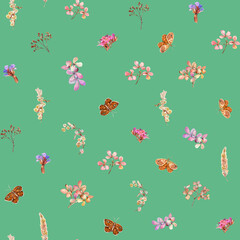 Floral rhombus print. Floral seamless pattern with dried flowers and butterflies hand drawn in watercolor. Watercolor print for wallpaper, fabric with wildflowers and herbs