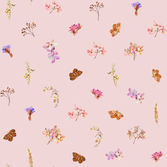 Floral rhombus print. Floral seamless pattern with dried flowers and butterflies hand drawn in watercolor. Watercolor print for wallpaper, fabric with wildflowers and herbs