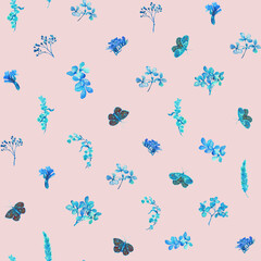 Fototapeta na wymiar Floral rhombus print. Floral seamless pattern with dried flowers and butterflies hand drawn in watercolor. Watercolor print for wallpaper, fabric with wildflowers and herbs