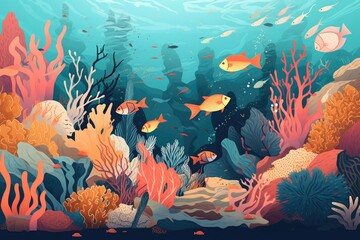 Fototapeta na wymiar Underwater ecosystem, colorful coral reefs and a variety of marine life, ocean conservation. Generative AI.
