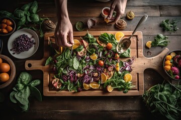 Hands of a person preparing a fresh salad, with ingredients neatly arranged on a cutting board. Practice of mindful cooking, wholesome ingredients. Generative AI.