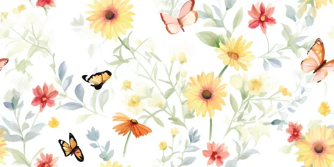 Abwaschbare Fototapete Floral pattern from wildflowers buds and butterflies, watercolor isolated illustration for textile, wallpapers or floral background © Eli Berr