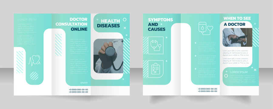 Doctor consultation online trifold brochure template with photo. Medical help. Z fold leaflet set with copy space for text. Editable 3 panel flyers. Kanit Bold, Josefin Sans Regular fonts used