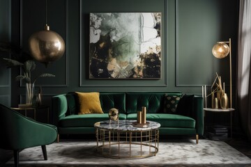 The living room of the apartment is elegantly furnished with a sofa and armchair upholstered in green velvet, a brwon table, a design lamp, and fashionable accessories. The gray wall has abstract pain