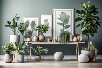 Stylish and contemporary arrangement of plants in various pots on a hardwood table with chic accents. Template. Modern living room furnishings. The color scheme of eucalyptus. domestic garden