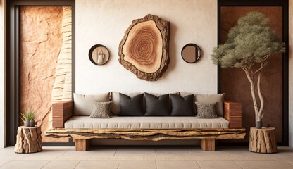 Rustic sofa made from solid wood tree trunk and side table near beige stucco modern living room generative ai